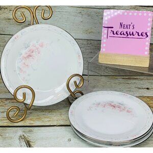 Noritake CARTHAGE Pink Flower Gray Leaves Coupe Porcelain Bread Side Plate Set 4